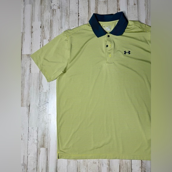 Under Armour Polo Shirt Mens Xl Green Stripe Graphic Performance Loose Heatgear - Picture 3 of 9